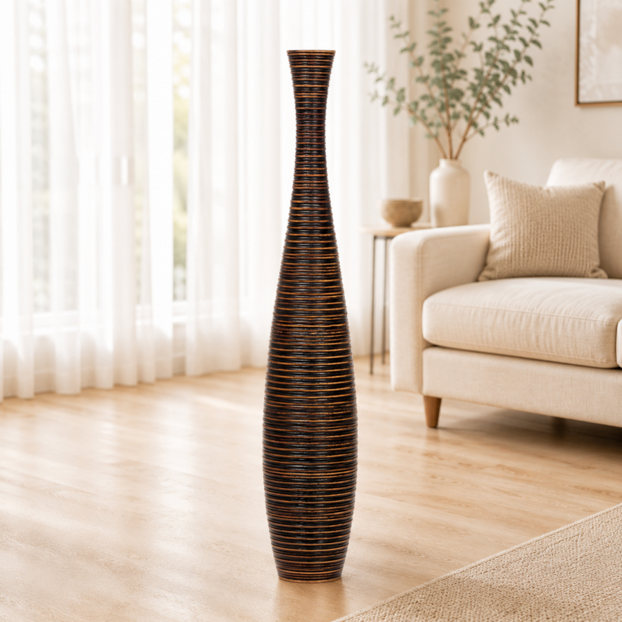 Leewadee Large Tall Floor Vase 34 inches - Handcrafted Brown Mango Wood Vase for Pampas Grass & Dried Flowers