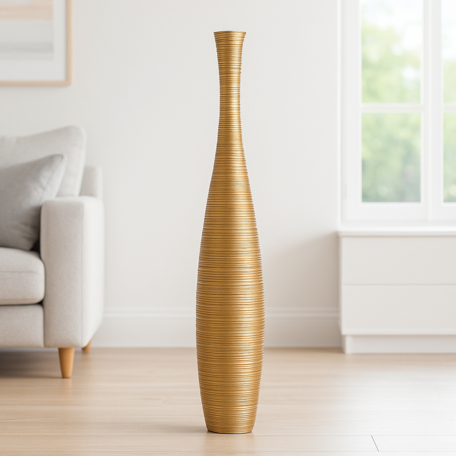 Leewadee Large Tall Floor Vase 26 inches - Handcrafted Gold Mango Wood Vase for Pampas Grass & Dried Flowers