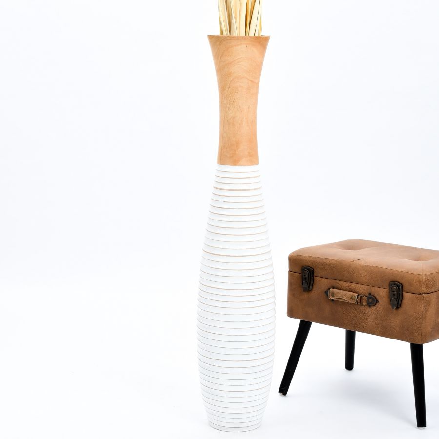 Leewadee Large Tall Floor Vase 41 inches - Handcrafted Ecru Mango Wood Vase for Pampas Grass & Dried Flowers