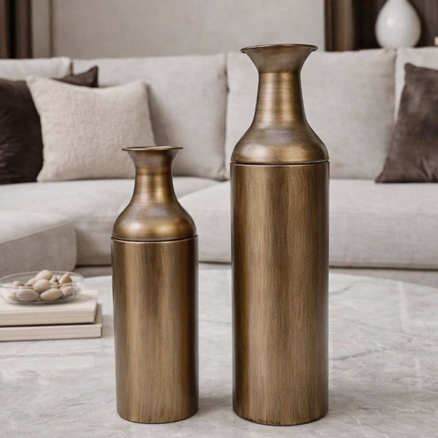 Leewadee Set of 2 Large Floor Vases 21/16 inches - Tall Metal Decorative Vases in Bronze for Home Decor