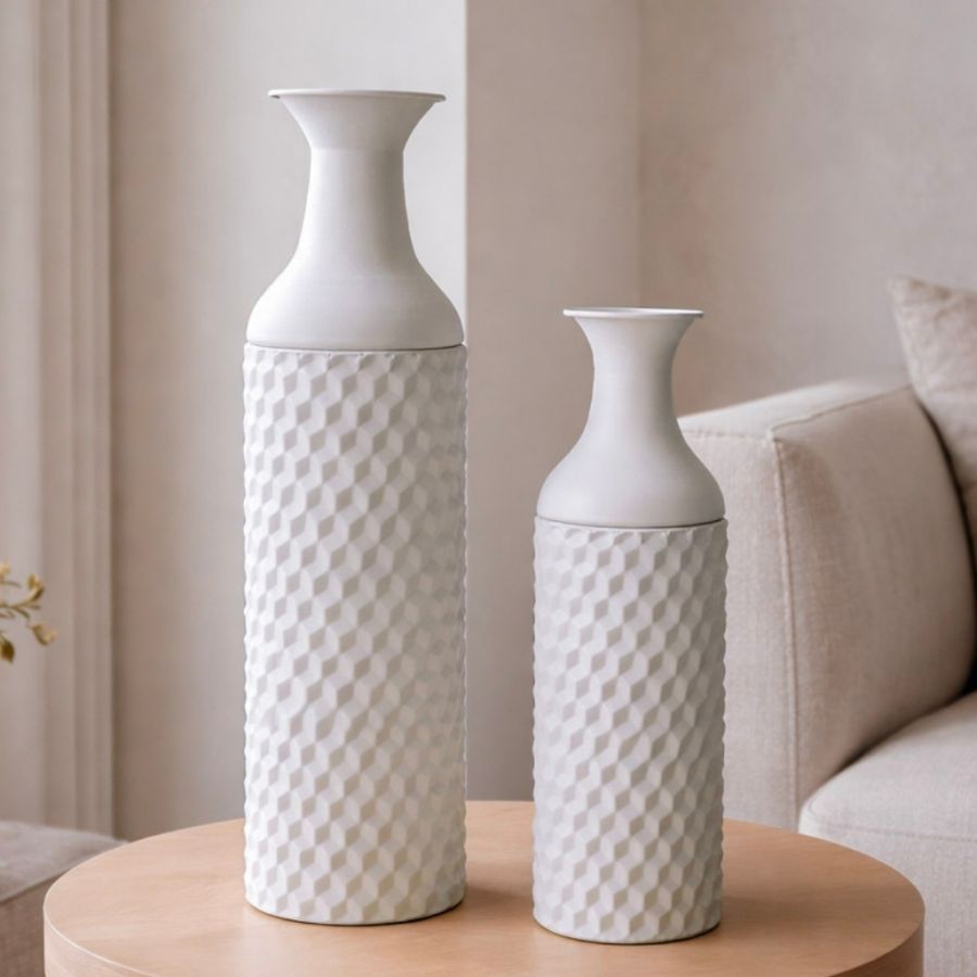 Leewadee Set of 2 Large Floor Vases 21/16 inches - Tall Metal Decorative Vases in White for Home Decor