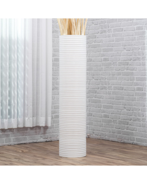 Leewadee Große Deko Bodenvase Für Dekozweige, Hohe Standvase Für Pampasgras, Design Holzvase, 110 cm, Weiß