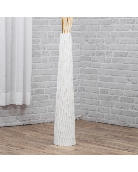 Leewadee Große Deko Bodenvase Für Dekozweige, Hohe Standvase Für Pampasgras, Design Holzvase, 70 cm, Weiß