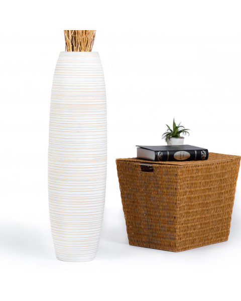 Leewadee Grand Vase A Poser Au Sol Pour Branches Décoratives De Pampa, Vase En Bois De Manguier, 90 cm, White Wash