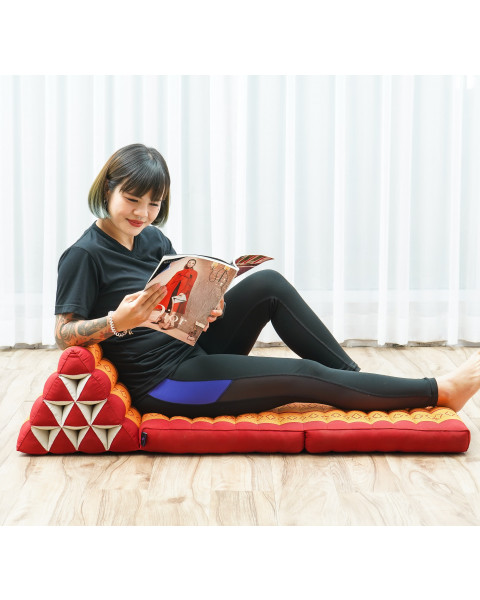 Leewadee 2-Fold Mat with Triangle Cushion – Comfortable TV Pillow, Foldable Mattress with Cushion Made of Kapok, 115 x 50 cm, Orange Red