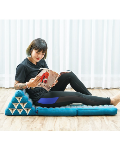 Leewadee Tapis de sol - Matelas avec coussin en kapok, lit thaïlandais fait à la main, 2 éléments pliants, 115 x 50 cm, Bleu Clair