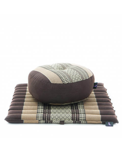 Leewadee Meditation Cushion Set – 1 Small Zafu Yoga Pillow and 1 Small Roll-Up Zabuton Mat Filled with Eco-Friendly Kapok, brown