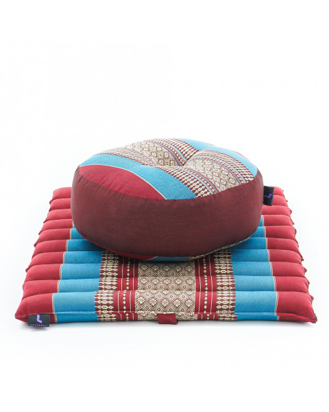Leewadee Meditation Cushion Set – 1 Small Zafu Yoga Pillow and 1 Small Roll-Up Zabuton Mat Filled with Kapok, Blue Red