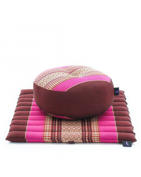 Leewadee set da meditazione: piccolo cuscino Zafu e tappetino Zabuton, kit tailandese per meditare in kapok, Rosso Marrone Rosa Fucsia