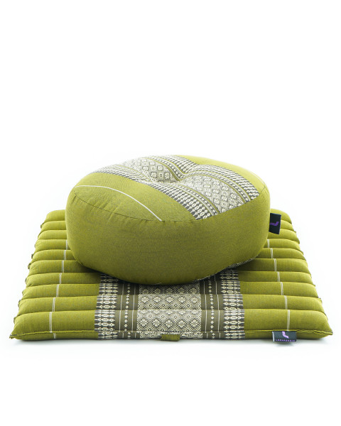 Leewadee Meditation Cushion Set – 1 Small Zafu Yoga Pillow and 1 Small Roll-Up Zabuton Mat Filled with Kapok, Green