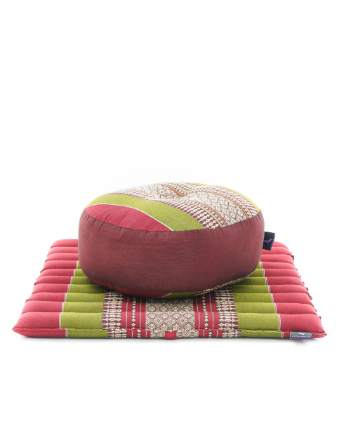 Leewadee set de meditación – Cojín de yoga Zafu y colchoneta de meditación Zabuton, asiento tailandés de kapok ecológico, set de 2, Verde Rojo