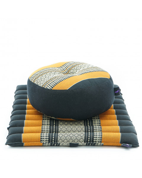 Leewadee set da meditazione: piccolo cuscino Zafu e tappetino Zabuton, kit tailandese per meditare in kapok, Nero Arancione