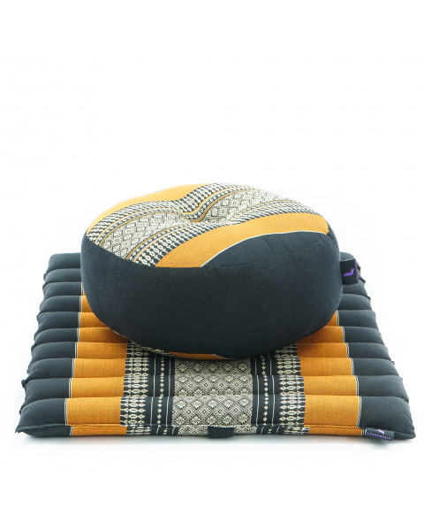 Leewadee Meditation Cushion Set – 1 Small Zafu Yoga Pillow and 1 Small Roll-Up Zabuton Mat Filled with Kapok, Black Orange