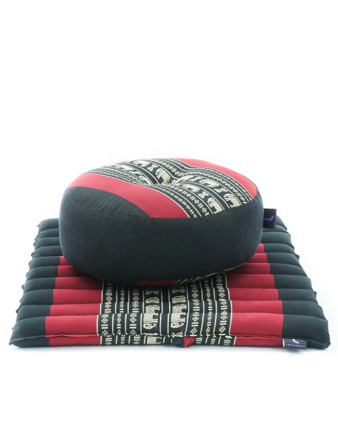 Leewadee Meditation Cushion Set – 1 Small Zafu Yoga Pillow and 1 Small Roll-Up Zabuton Mat Filled with Kapok, Black Red