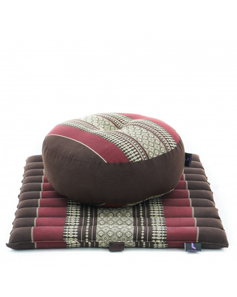 Leewadee Meditation Cushion Set – 1 Small Zafu Yoga Pillow and 1 Small Roll-Up Zabuton Mat Filled with Kapok, Brown Red