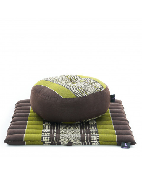 Leewadee Meditation Cushion Set – 1 Small Zafu Yoga Pillow and 1 Small Roll-Up Zabuton Mat Filled with Kapok, Brown Green