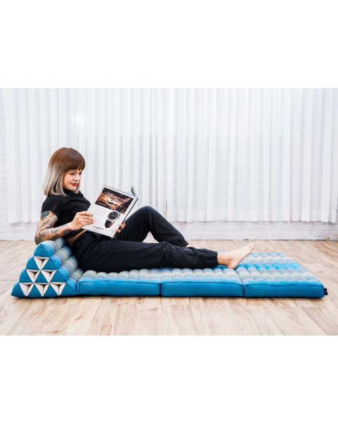 Leewadee Comfortable Japanese Floor Mattress - Thai Floor Bed With Triangle Cushion - Futon Mattress - XL Extra Wide Thai Massage Mat, 67 x 31 inches, Light Blue, Kapok Filling