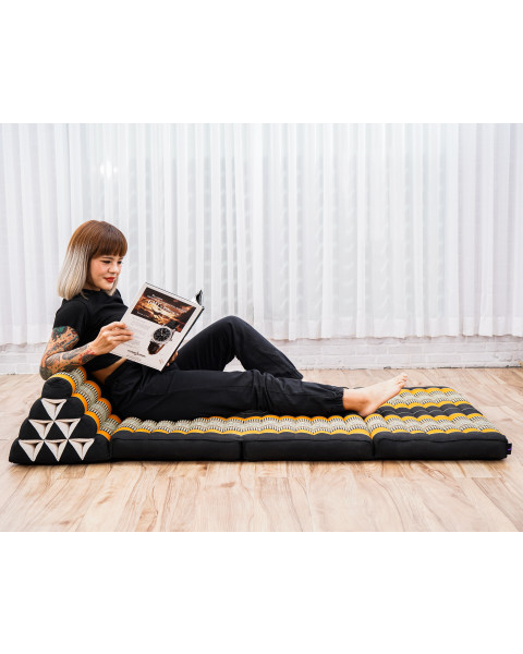 Leewadee Grand tapis de sol - Matelas avec coussin en kapok, lit thaïlandais fait à la main, 3 éléments pliants, 170 x 80 cm, Noir Orange