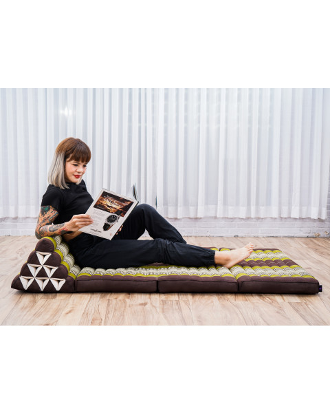 Leewadee 3-Fold Mat XXL with Triangle Cushion – Firm TV Pillow, Foldable Mattress with Cushion Made of Kapok, 170 x 80 cm, Brown Green