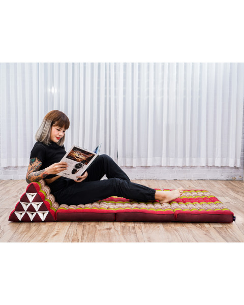 Leewadee Comfortable Japanese Floor Mattress - Thai Floor Bed With Triangle Cushion - Futon Mattress - XL Extra Wide Thai Massage Mat, 67 x 31 inches, Green Red, Kapok Filling