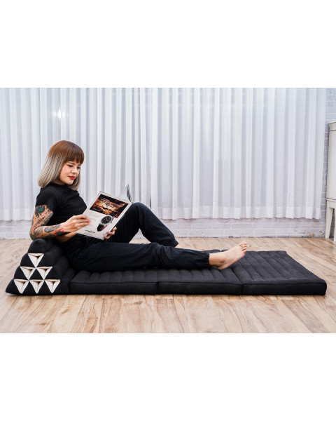 Leewadee Grand tapis de sol - Matelas avec coussin en kapok, lit thaïlandais fait à la main, 3 éléments pliants, 170 x 80 cm, Noir