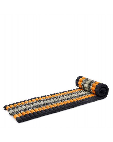 Leewadee Rollable Floor Mat S – Comfortable and Rollable Thai Mattress, Soft Massage Mat Filled with Kapok, Perfect to Use as a Sleeping Mat 190 x 50 cm, Black Orange