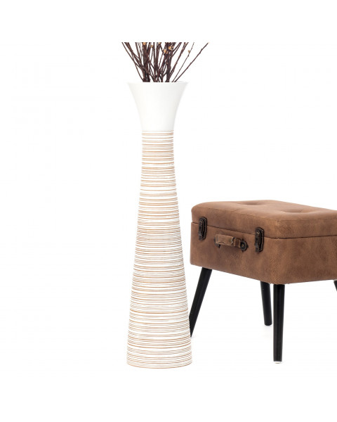 Leewadee jarrón grande para el suelo – alto, jarrón hecho a mano de madera de mango, contenedor de pie para las ramas decorativas, 90 cm, White Wash