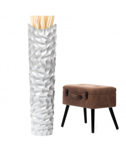 Leewadee Große Deko Bodenvase Für Dekozweige, Hohe Standvase Für Pampasgras, Design Holzvase, 110 cm, Silber