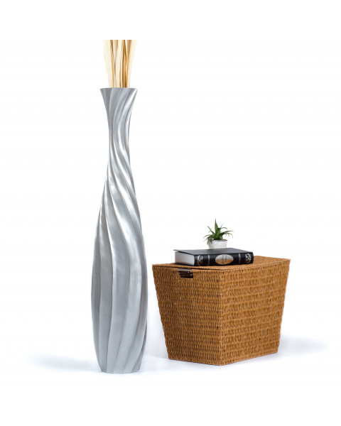 Leewadee Large Silver Home Decor Floor Vase – Wooden 110 cm Tall Farmhouse Decor Flower Holder For Fake Plant And Pampas Grass