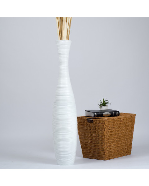 Leewadee Grand vase à poser au sol - Vase à poser au sol pour branches décoratives, vase haut design en bois de manguier, 110 cm, Blanc