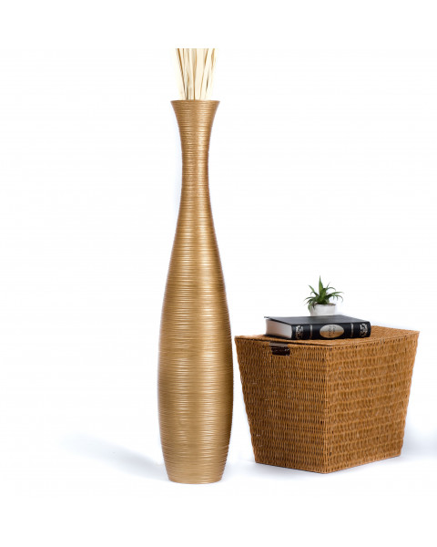 Leewadee Grand Vase A Poser Au Sol Pour Branches Décoratives De Pampa, Vase En Bois De Manguier, 110 cm, Doré