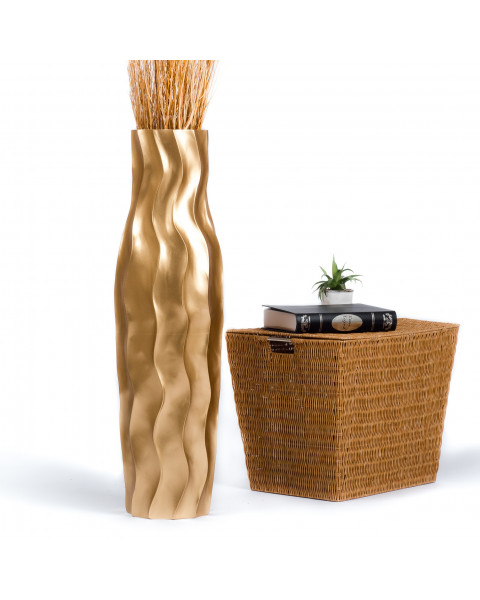 Leewadee Grand Vase A Poser Au Sol Pour Branches Décoratives De Pampa, Vase En Bois De Manguier, 90 cm, Doré