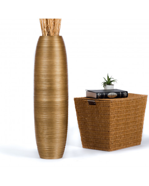 Leewadee jarrón grande para el suelo – alto, jarrón hecho a mano de madera de mango, contenedor de pie para las ramas decorativas, 90 cm, Dorado
