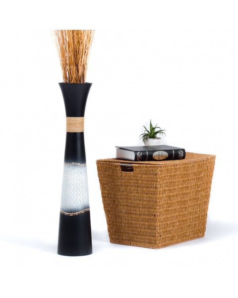 Leewadee Grand Vase A Poser Au Sol Pour Branches Décoratives De Pampa, Vase En Bois De Manguier, 70 cm, Noir Blanc