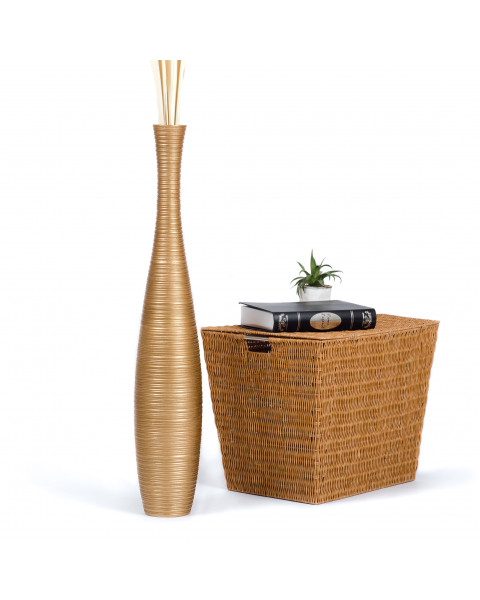 Leewadee Grand vase à poser au sol - Vase à poser au sol pour branches décoratives, vase haut design en bois de manguier, 90 cm, Doré