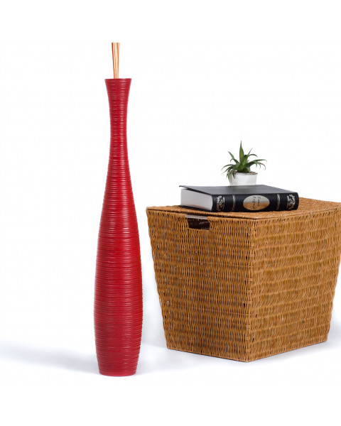 Leewadee Grand vase à poser au sol - Vase à poser au sol pour branches décoratives, vase haut design en bois de manguier, 70 cm, Rouge