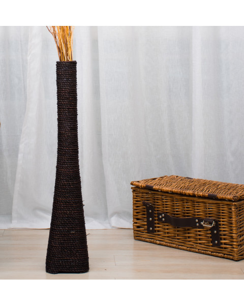 Leewadee Large Floor Vase – Handmade Funnel Vessel for Decorative Branches, Sophisticated Flower Holder Made of Bamboo and Bast, 28 inches, Black