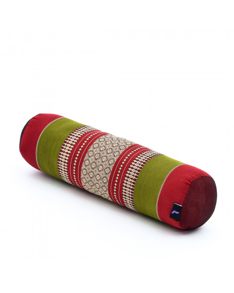 Leewadee yoga bolster pequeño – Cojín alargado para pilates y meditación, reposacabezas hecho a mano de kapok, 50 x 15 x 15 cm, Verde Rojo