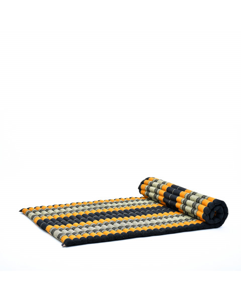 Leewadee Grand matelas thaï - Tapis de yoga enroulable en taille L en kapok, tapis pour méditation et yoga en kapok, 190 x 100 cm, Noir Orange