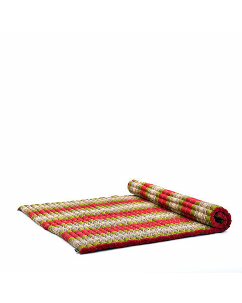 Leewadee Grand matelas thaï - Tapis de yoga enroulable en taille XL en kapok, tapis pour méditation et yoga en kapok, 190 x 145 cm, Vert Rouge