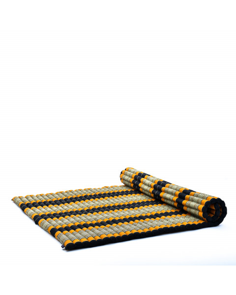 Leewadee Grand matelas thaï - Tapis de yoga enroulable en taille XL en kapok, tapis pour méditation et yoga en kapok, 190 x 145 cm, Noir Orange