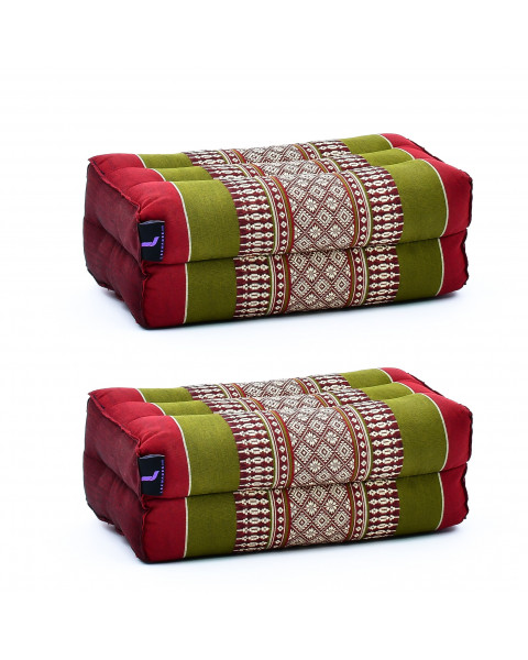 Leewadee set de 2 bloques de yoga pequeños – Cojines para pilates, almohadas para el suelo hechas a mano de kapok, 35 x 18 x 12 cm, set de 2, Verde Rojo