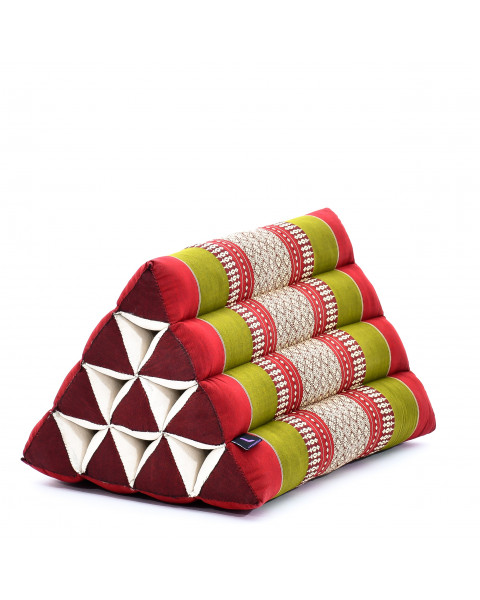 Leewadee almohada triangular tailandesa – Cojín de kapok sin tratar, respaldo cómodo para leer, almohadilla hecha a mano, 50 x 33 x 33 cm, Verde Rojo