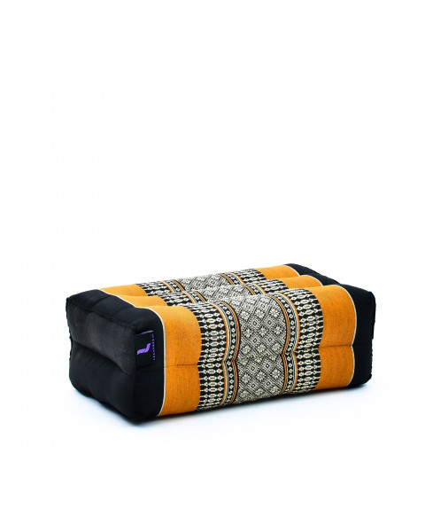 Leewadee piccolo blocco per yoga: cuscino da pilates rettangolare e strumento da meditazione, cuscino da terra in kapok naturale, 35 x 18 x 12 cm, Nero Arancione