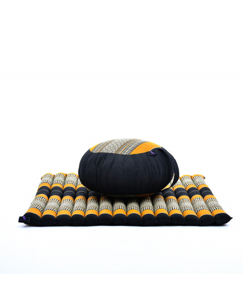 Leewadee set per meditare: tappeto per yoga Zabuton e cuscino per meditazione Zafu, materassino tailandese in kapok fatto a mano, Nero Arancione