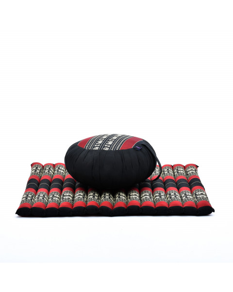 Leewadee Meditation Cushion Set – 1 Round Zafu Meditation Pillow and 1 Square Roll-Up Zabuton Meditation Mat, Pillows Bundle Filled with Kapok, Black Red