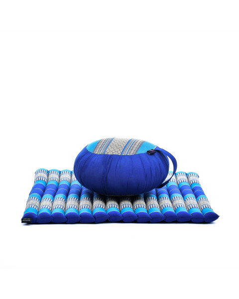 Leewadee Meditation Cushion Set – 1 Round Zafu Meditation Pillow and 1 Square Roll-Up Zabuton Meditation Mat, Pillows Bundle Filled with Kapok, Blue