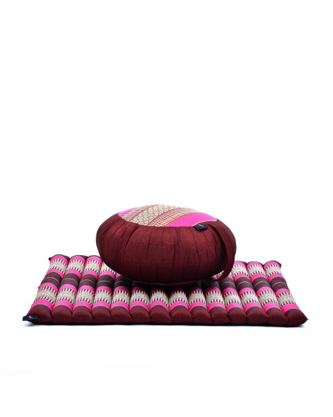 Leewadee set per meditare: tappeto per yoga Zabuton e cuscino per meditazione Zafu, materassino tailandese in kapok fatto a mano, Rosso Marrone Rosa Fucsia