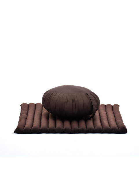 Leewadee Meditation Cushion Set – 1 Round Zafu Meditation Pillow and 1 Square Roll-Up Zabuton Meditation Mat, Pillows Bundle Filled with Kapok, Brown