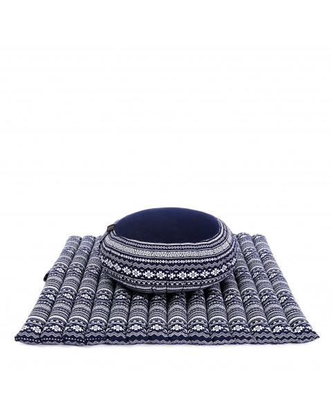 Leewadee Meditation Cushion Set – 1 Round Zafu Meditation Pillow and 1 Square Roll-Up Zabuton Meditation Mat, Pillows Bundle Filled with Kapok, Blue White